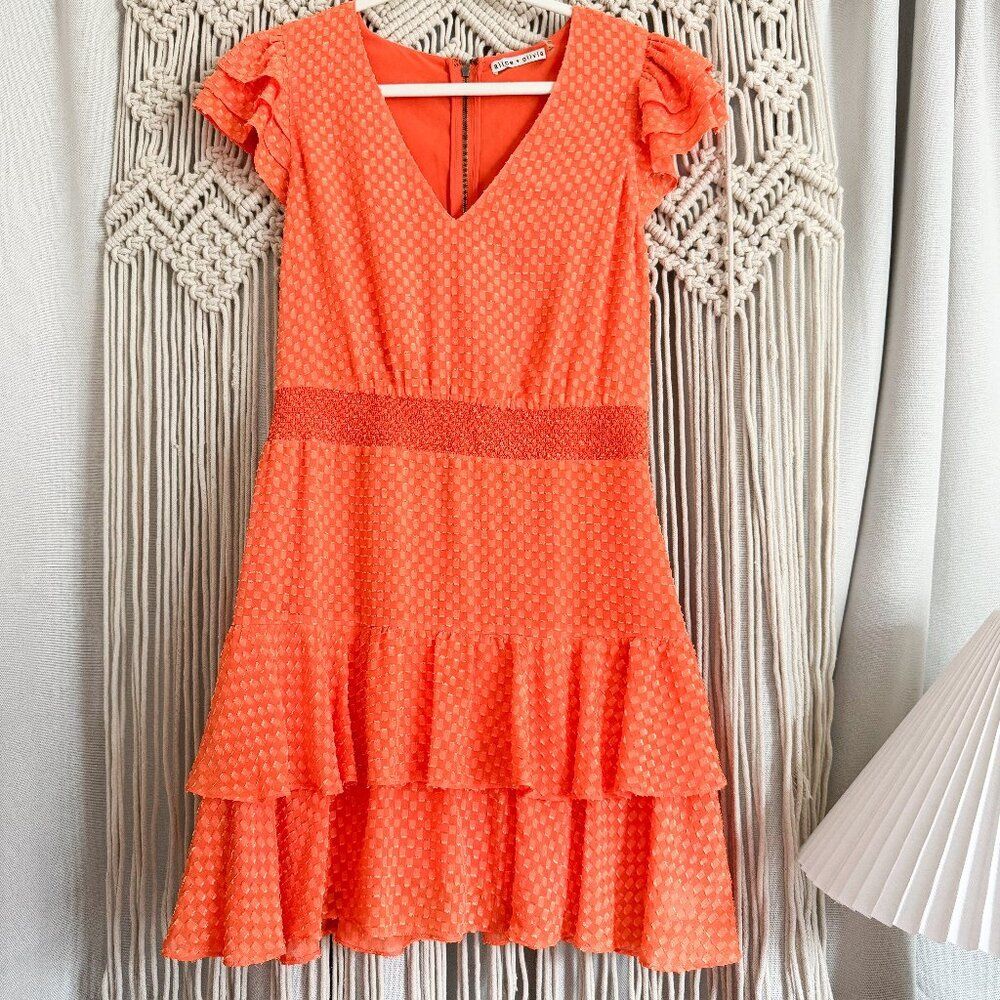 Alice + Olivia Markita Tiered Ruffle Dress – Size 10 – Vibrant Orange
